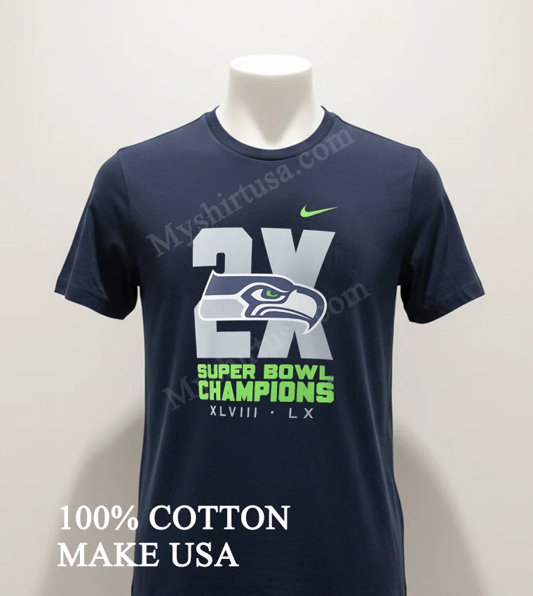 2x Super Bowl Champions Xlviii Lx Seattle Seahawks Logo Shirt Navy Shirt 1