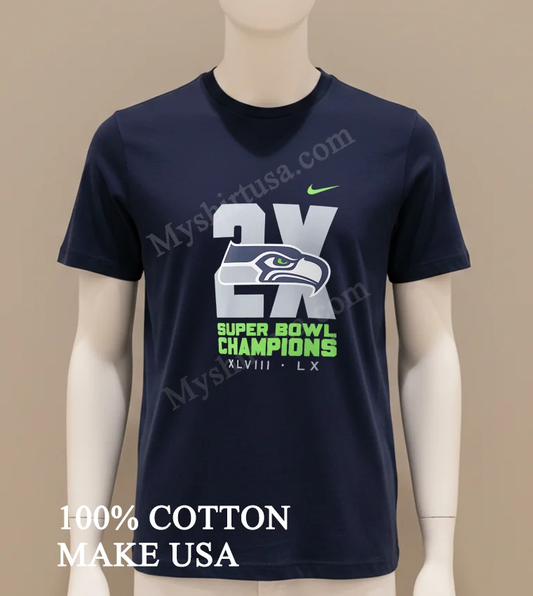 2x Super Bowl Champions Xlviii Lx Seattle Seahawks Logo Shirt Navy Shirt