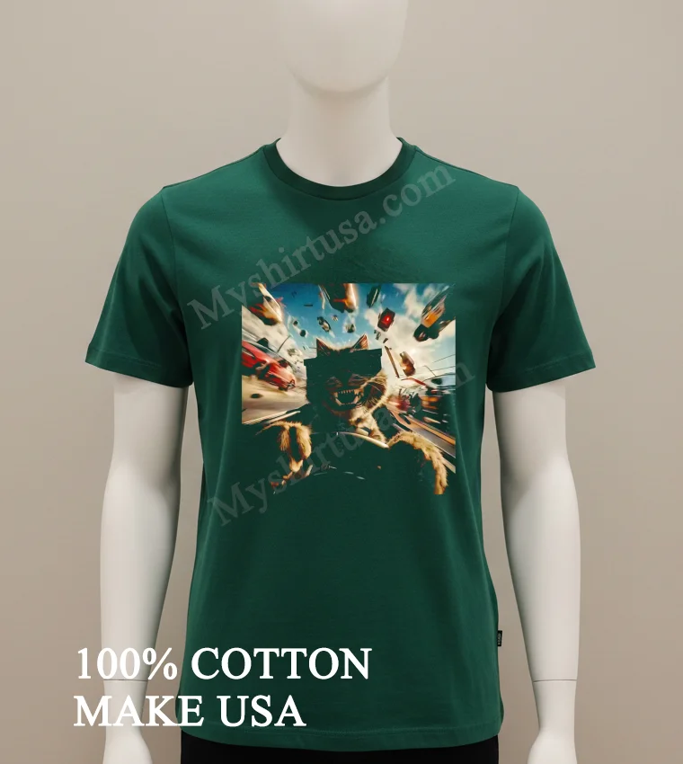 Aggressive Raccoon Wearing Sunglasses Driving Fast Action Car Shirt Green Shirt