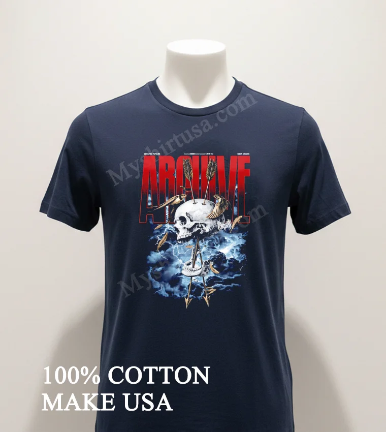 Archive Skull With Arrows And Swallows Storm Background funny america t-shirts - navy-shirt Archive Skull With Arrows And Swallows Storm Background Shirt Navy Shirt 1