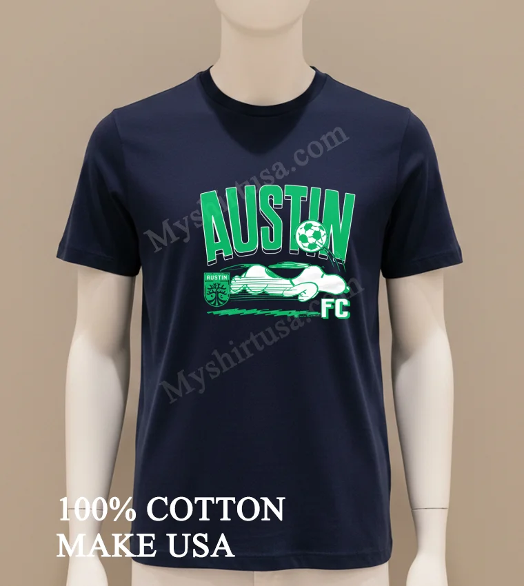 Austin Fc Snoopy Running Green Soccer Ball Graphic Shirt Navy Shirt