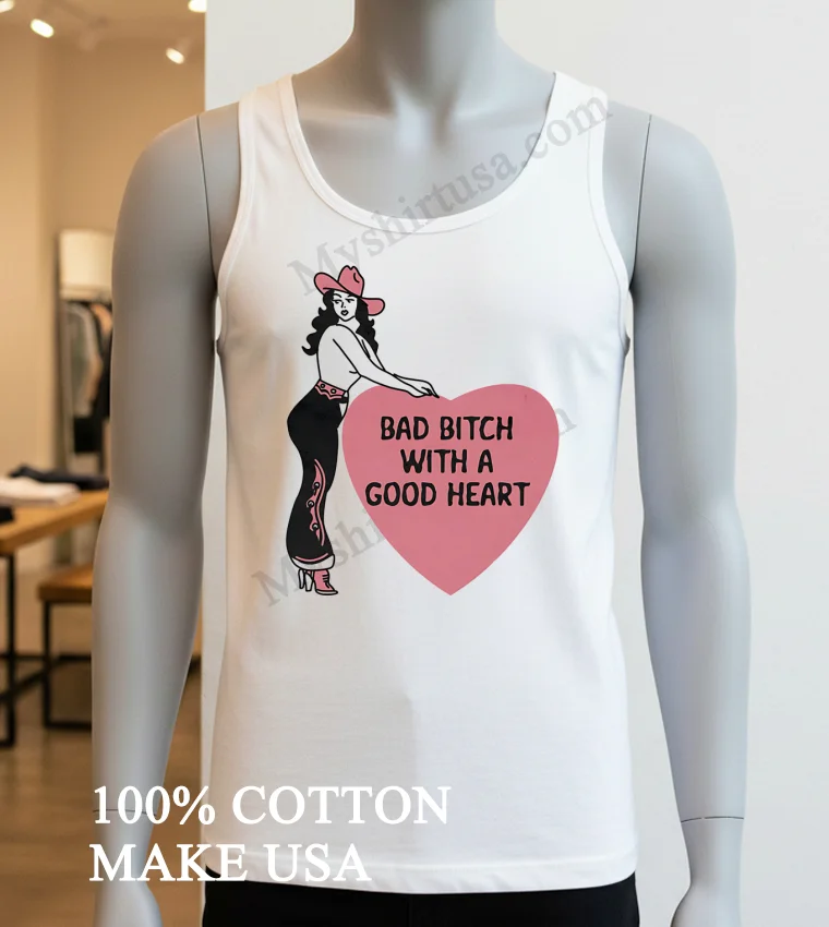 Bad Bitch With A Good Heart Pink Cowboy Hat Girl Shirt - white-t-shirt Bad Bitch With A Good Heart Pink Cowboy Hat Girl Shirt White T Shirt 3