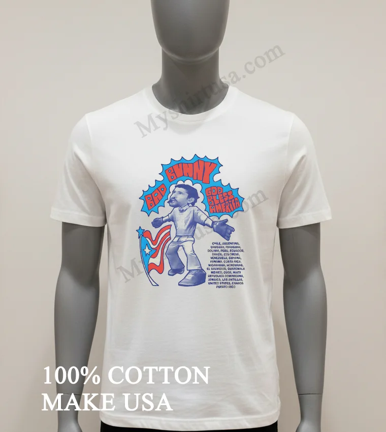 Bad Bunny God Bless America Flag Latin America Tour List funny america t-shirts - white-t-shirt Bad Bunny God Bless America Flag Latin America Tour List Shirt White T Shirt 1