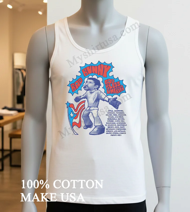 Bad Bunny God Bless America Flag Latin America Tour List funny america t-shirts - white-t-shirt Bad Bunny God Bless America Flag Latin America Tour List Shirt White T Shirt 3
