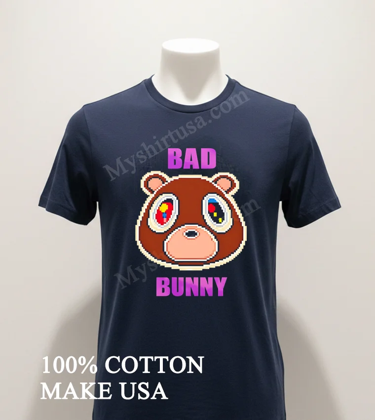 Bad Bunny Pixel Art Kanye West Dropout Bear Head funny america t-shirts - navy-shirt Bad Bunny Pixel Art Kanye West Dropout Bear Head Shirt Navy Shirt 1