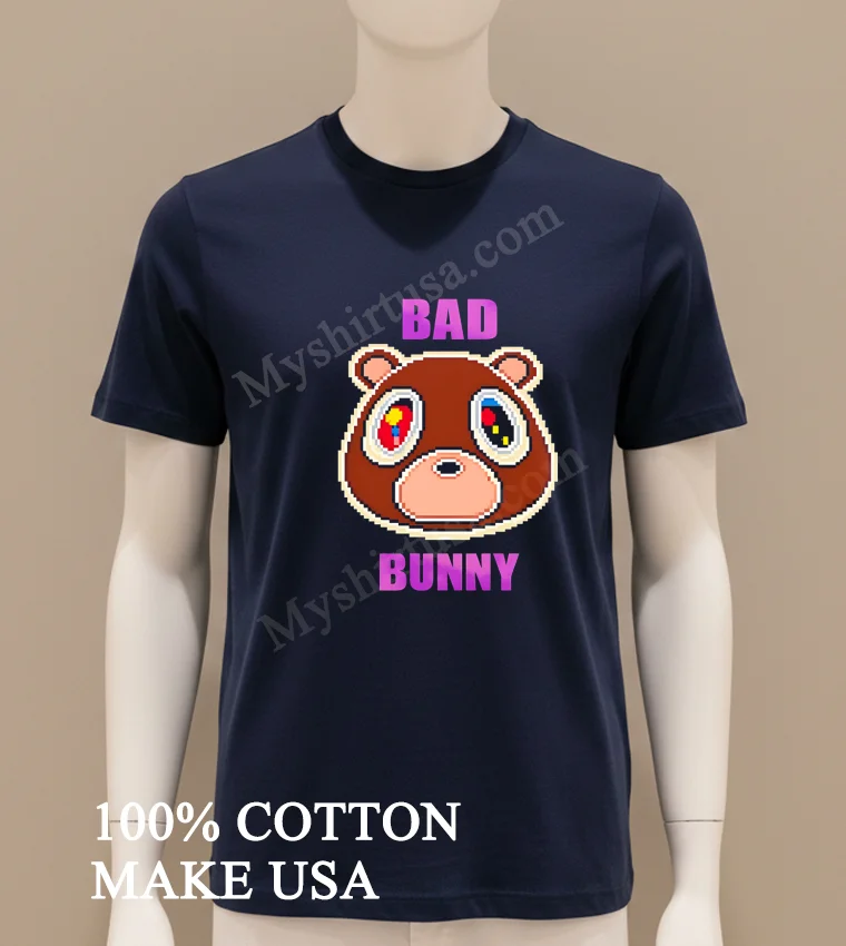 Bad Bunny Pixel Art Kanye West Dropout Bear Head funny america t-shirts - navy-shirt Bad Bunny Pixel Art Kanye West Dropout Bear Head Shirt Navy Shirt
