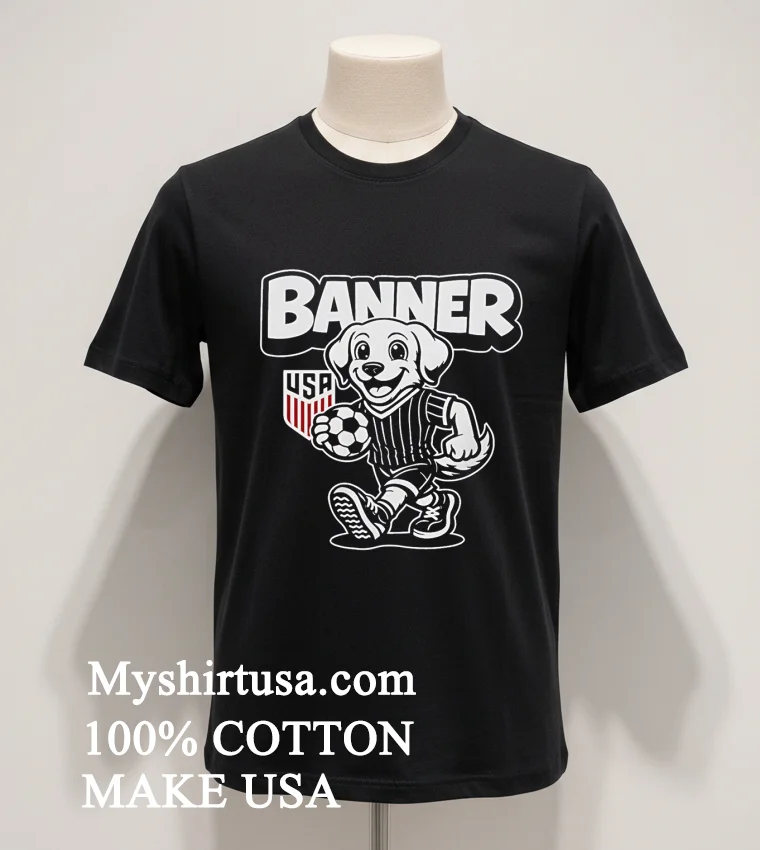 Banner Usa Shield Logo Puppy Dog Holding Soccer Ball Shirt Balck Shirt