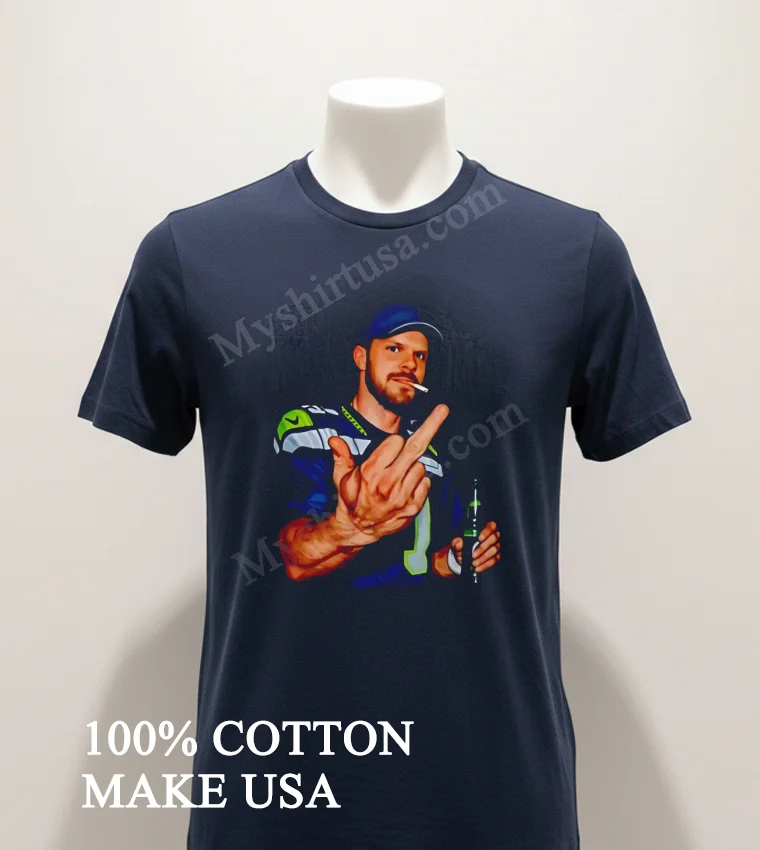 Bearded Man Seattle Seahawks Jersey Smoking Cigarette Middle Finger Beer Shirt Navy Shirt 1