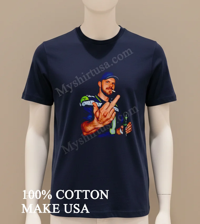 Bearded Man Seattle Seahawks Jersey Smoking Cigarette Middle Finger Beer Shirt Navy Shirt