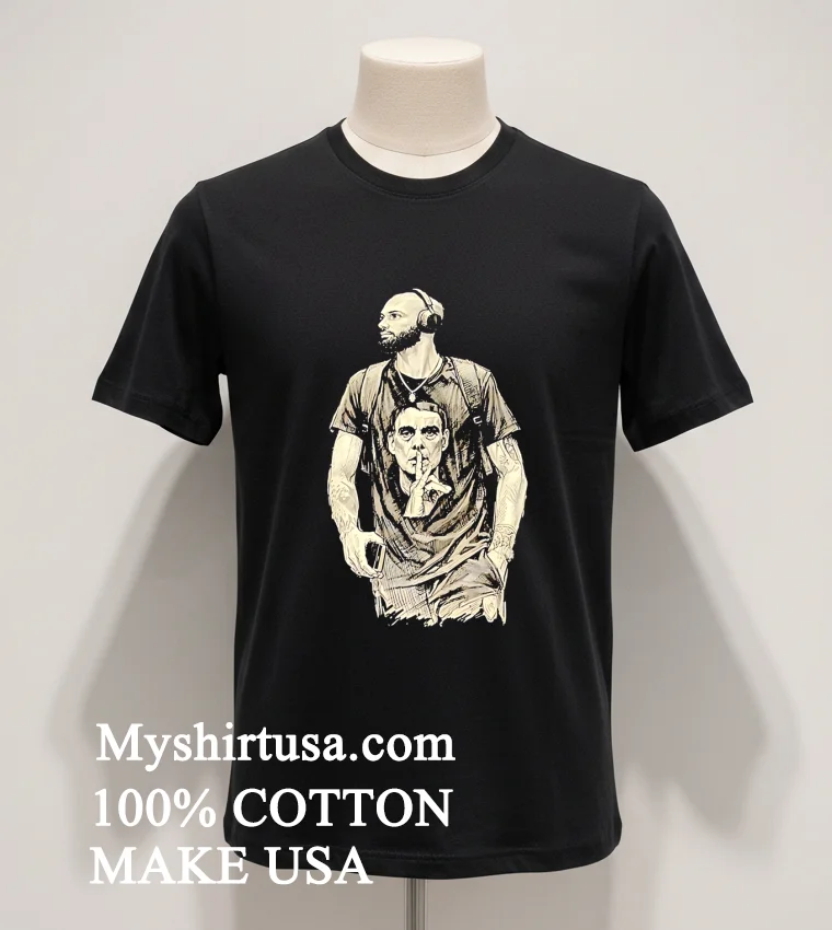 Bearded Man Wearing Headphones And Quiet Portrait Graphic Shirt Balck Shirt