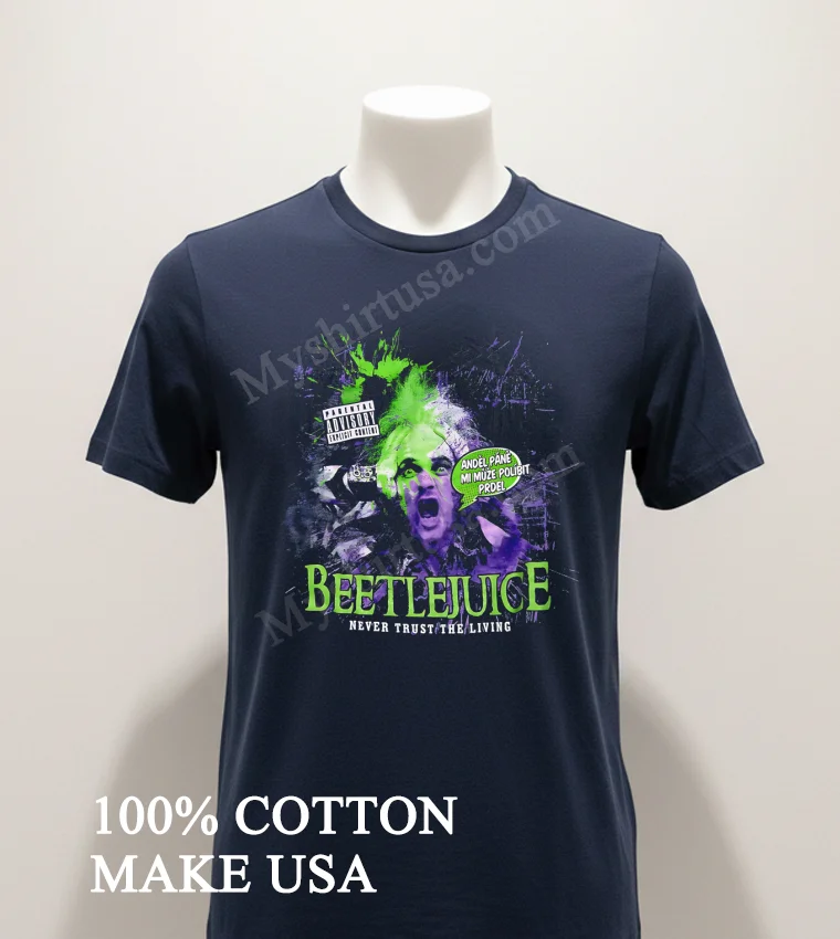 Beetlejuice Never Trust The Living Purple Green Horror funny america t-shirts - navy-shirt Beetlejuice Never Trust The Living Purple Green Horror Shirt Navy Shirt 1
