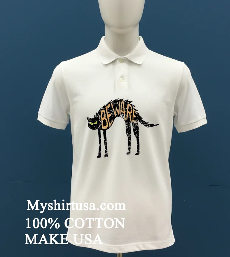 Beware Black Cat Halloween T Shirts - white-t-shirt Beware Black Cat Halloween T Shirts White T Shirt