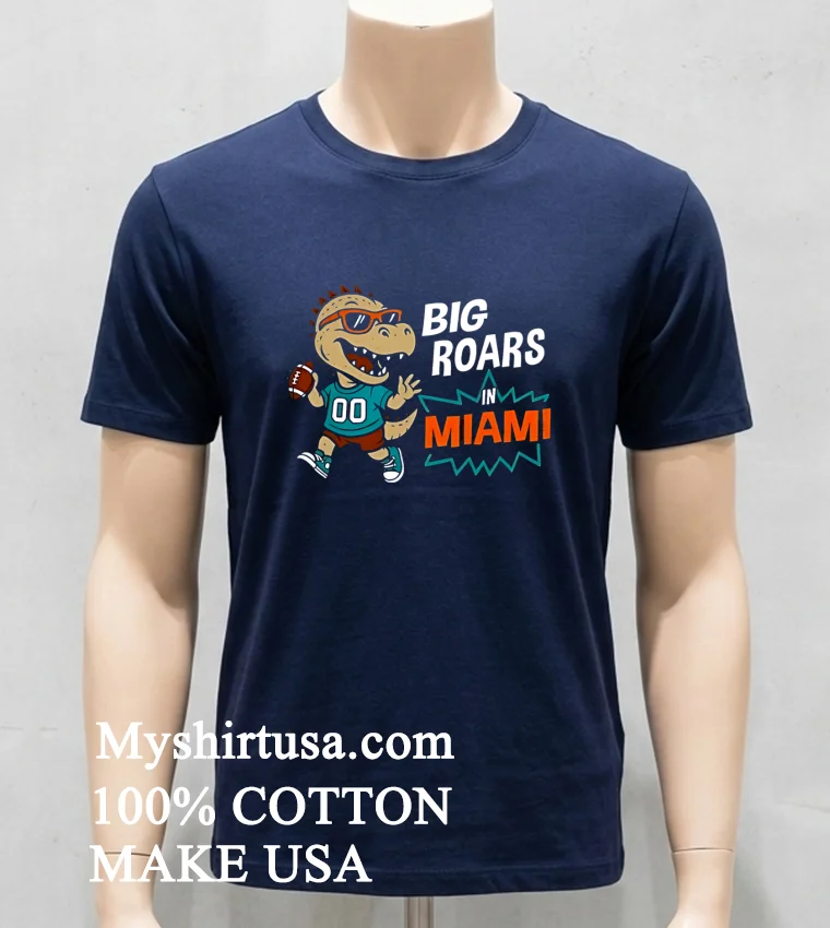 Big Roars In Miami Dolphins Dinosaur Cartoon Funny Shirt Navy Shirt