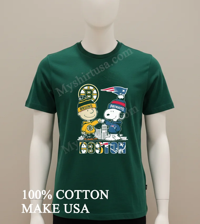 Boston Bruins Patriots Charlie Brown Snoopy Fist Bump Skyline funny america t-shirts - green-shirt Boston Bruins Patriots Charlie Brown Snoopy Fist Bump Skyline Shirt Green Shirt
