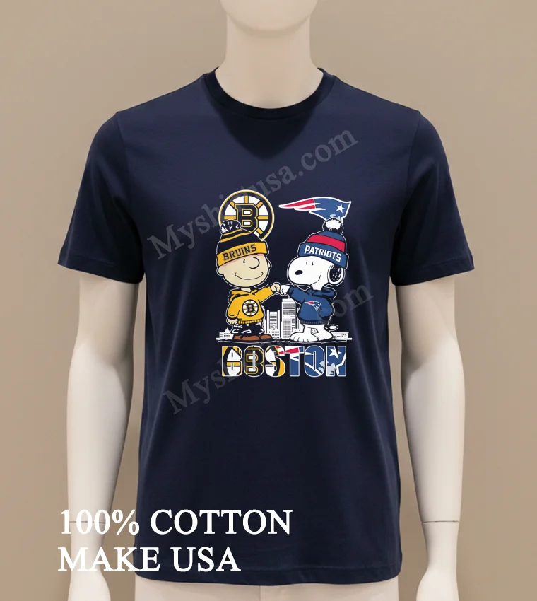 Boston Bruins Patriots Charlie Brown Snoopy Fist Bump Skyline Shirt Navy Shirt