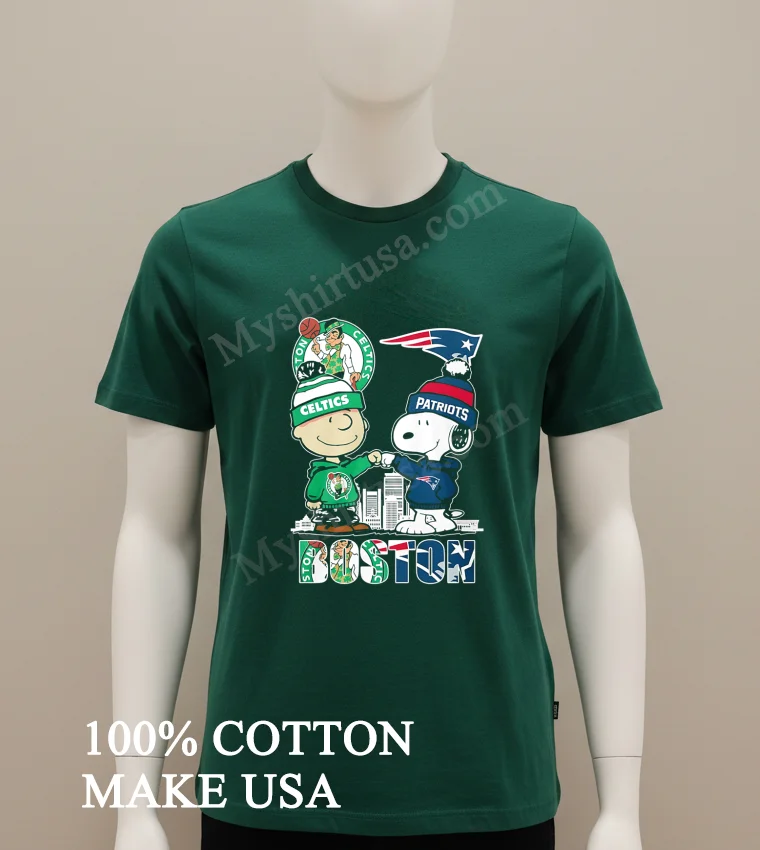 Boston Celtics Patriots Charlie Brown Snoopy Fist Bump Skyline funny america t-shirts - green-shirt Boston Celtics Patriots Charlie Brown Snoopy Fist Bump Skyline Shirt Green Shirt