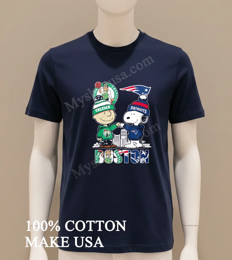 Boston Celtics Patriots Charlie Brown Snoopy Fist Bump Skyline Shirt Navy Shirt