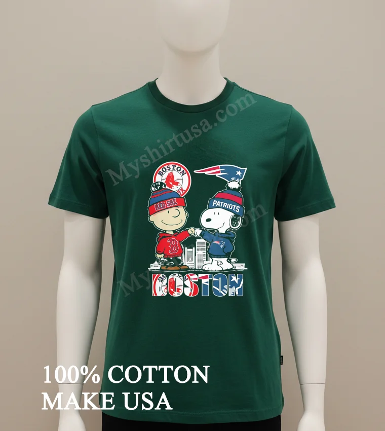 Boston Red Sox Patriots Charlie Brown Snoopy Fist Bump Skyline Shirt Green Shirt