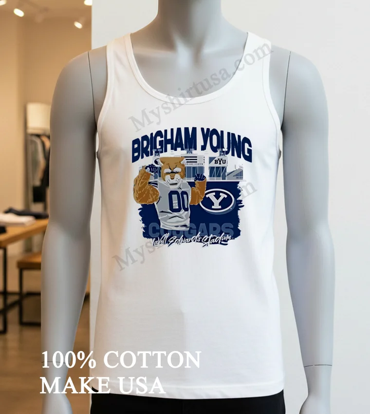 Brigham Young University Cougars Cosmo Mascot Lavell Edwards Stadium funny america t-shirts - white-t-shirt Brigham Young University Cougars Cosmo Mascot Lavell Edwards Stadium Shirt White T Shirt 4
