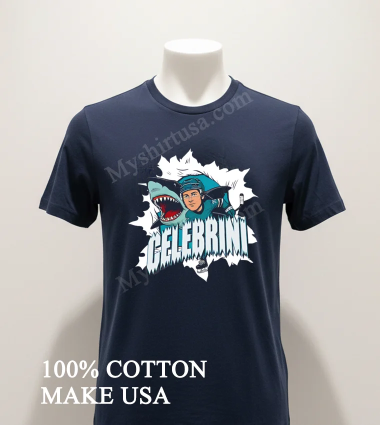 Celebrini San Jose Sharks Hockey Player Mascot Graphic funny america t-shirts - navy-shirt Celebrini San Jose Sharks Hockey Player Mascot Graphic Shirt Navy Shirt 1