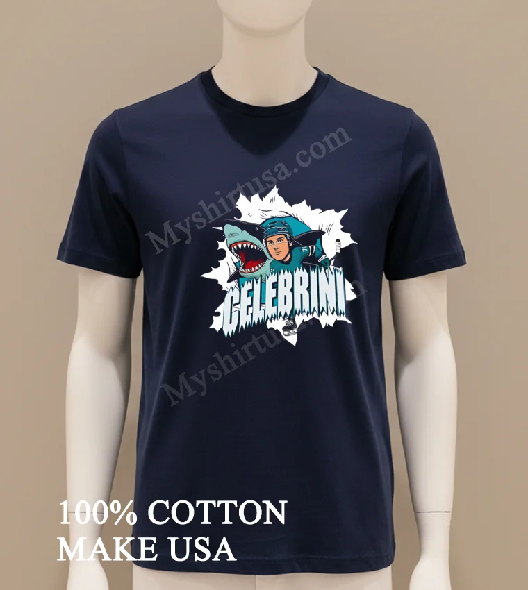 Celebrini San Jose Sharks Hockey Player Mascot Graphic funny america t-shirts - navy-shirt Celebrini San Jose Sharks Hockey Player Mascot Graphic Shirt Navy Shirt