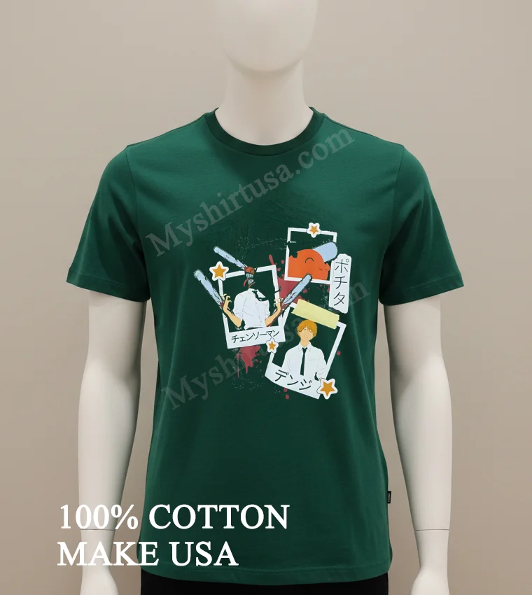 Chainsaw Man Pochita Denji Anime Manga Polaroid Photo Shirt Green Shirt