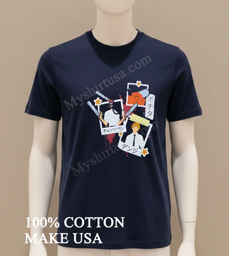 Chainsaw Man Pochita Denji Anime Manga Polaroid Photo Shirt Navy Shirt