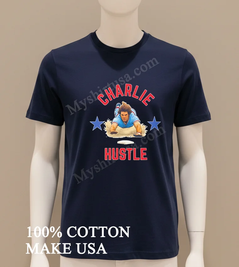 Charlie Hustle Baseball Player Sliding Into Base Shirt Navy Shirt