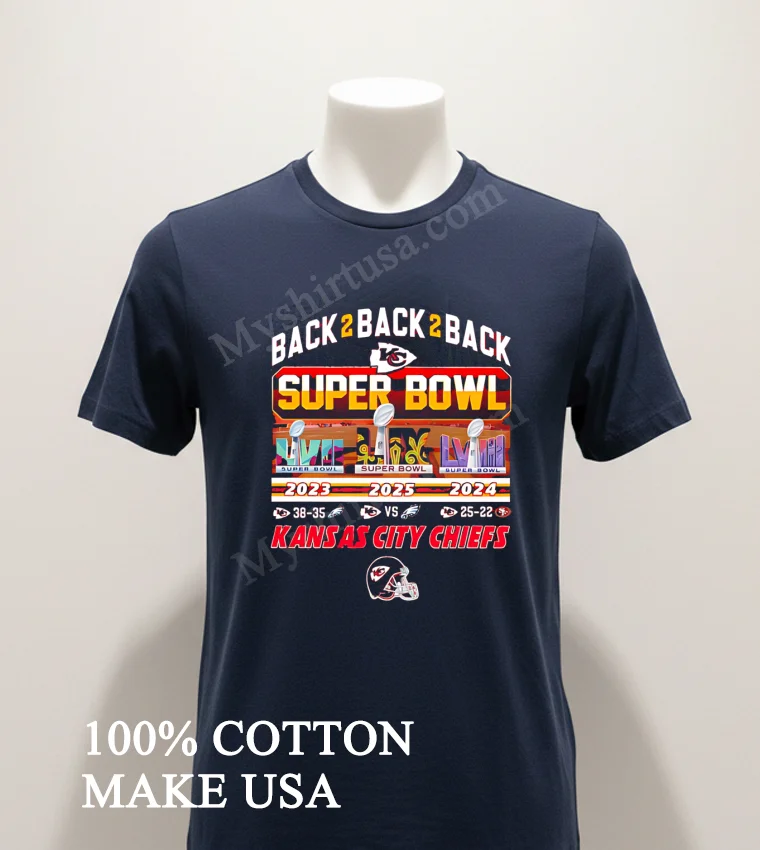 Chiefs Back 2 Back 2 Back Super Bowl Lix Shirt Navy Shirt 1