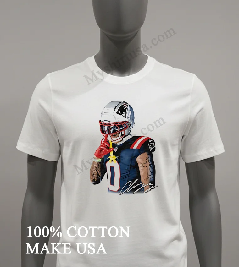 Christian Gonzalez New England Patriots Number Zero Quiet Shh Gesture Helmet Tattoo Graphic Shirt White T Shirt 1
