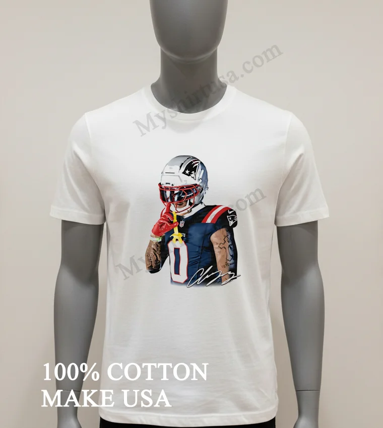 Christian Gonzalez New England Patriots Number Zero Quiet Shh Gesture Helmet Tattoo Graphic Shirt - white-t-shirt Christian Gonzalez New England Patriots Number Zero Quiet Shh Gesture Helmet Tattoo Graphic Shirt White T Shirt