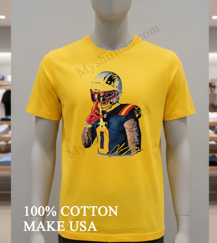 Christian Gonzalez New England Patriots Number Zero Quiet Shh Gesture Helmet Tattoo Graphic Shirt - yellow-t-shirt Christian Gonzalez New England Patriots Number Zero Quiet Shh Gesture Helmet Tattoo Graphic Shirt Yellow T Shirt