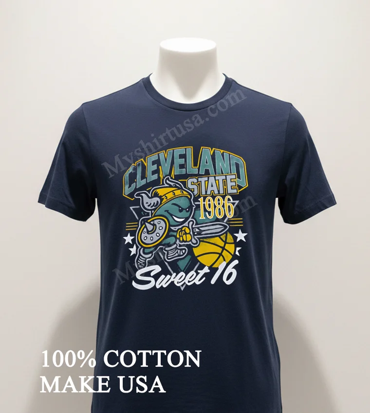 Cleveland State 1986 Sweet 16 Basketball Viking Mascot Shirt Navy Shirt 1