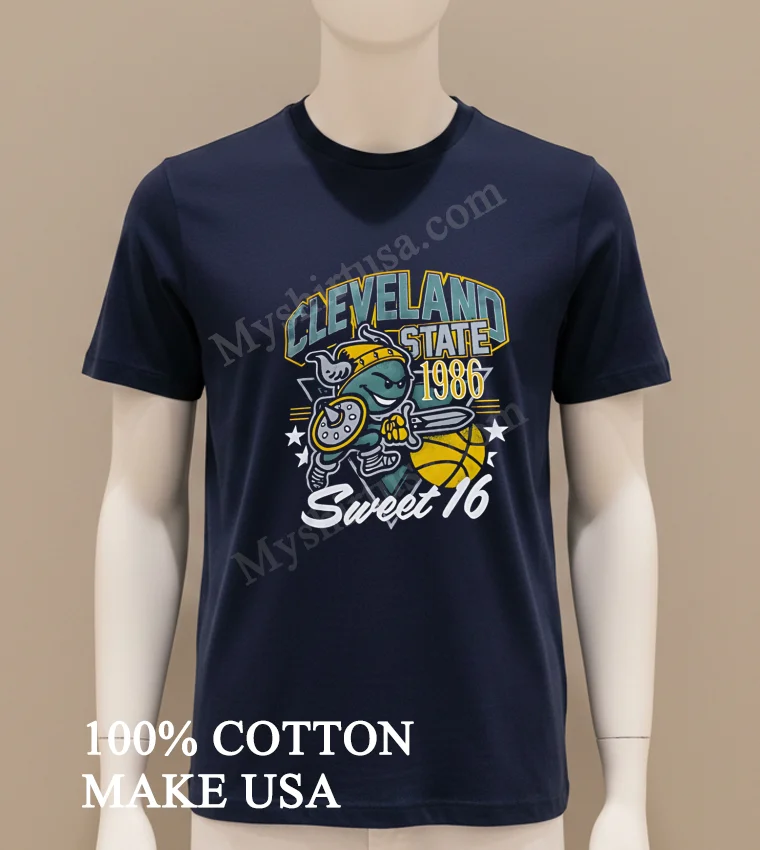 Cleveland State 1986 Sweet 16 Basketball Viking Mascot funny america t-shirts - navy-shirt Cleveland State 1986 Sweet 16 Basketball Viking Mascot Shirt Navy Shirt