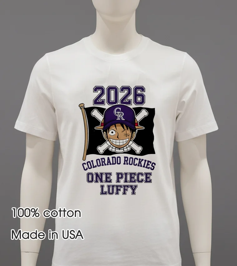 Colorado Rockies One Piece 2026 Luffy Shirt - white-t-shirt Colorado Rockies One Piece 2026 Luffy Shirt White T Shirt 3