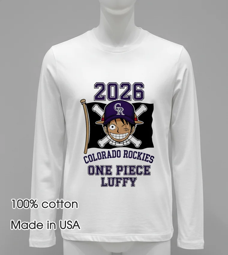 Colorado Rockies One Piece 2026 Luffy Shirt - white-t-shirt Colorado Rockies One Piece 2026 Luffy Shirt White T Shirt
