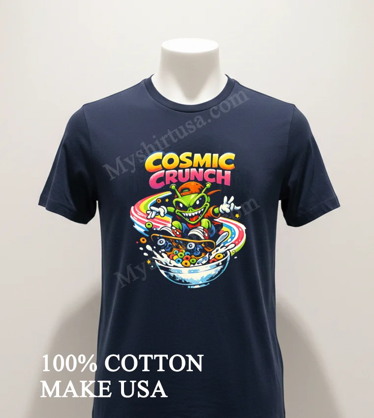 Cosmic Crunch Alien Skateboarding On A Rainbow Cereal Bowl Shirt Navy Shirt 1