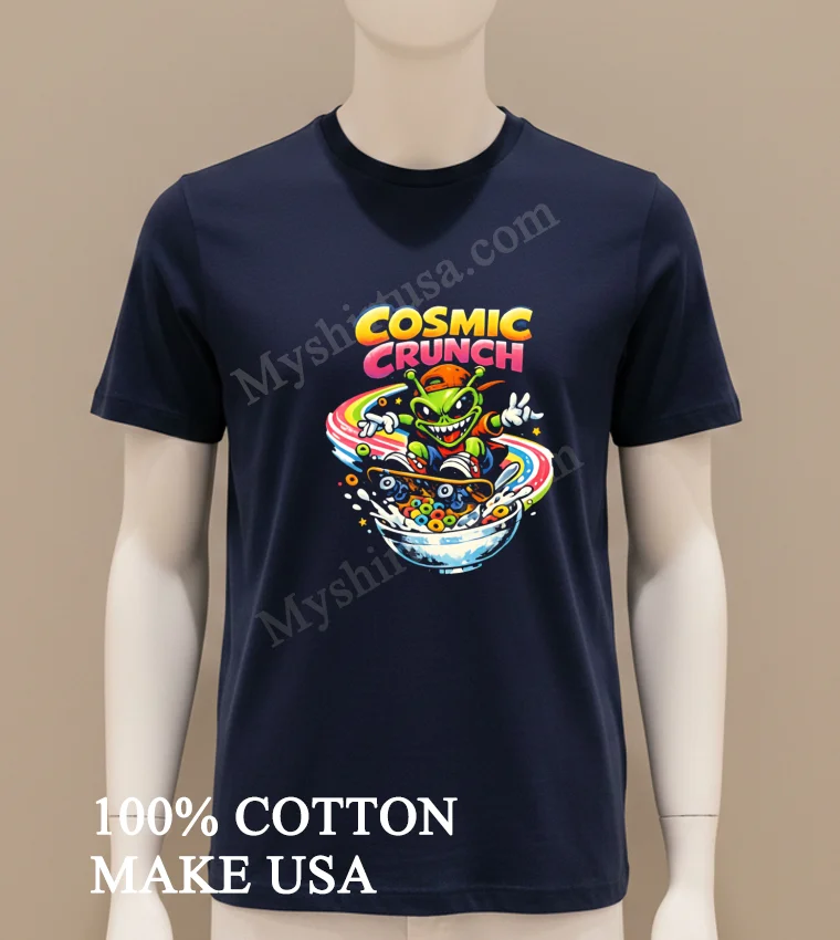 Cosmic Crunch Alien Skateboarding On A Rainbow Cereal Bowl funny america t-shirts - navy-shirt Cosmic Crunch Alien Skateboarding On A Rainbow Cereal Bowl Shirt Navy Shirt