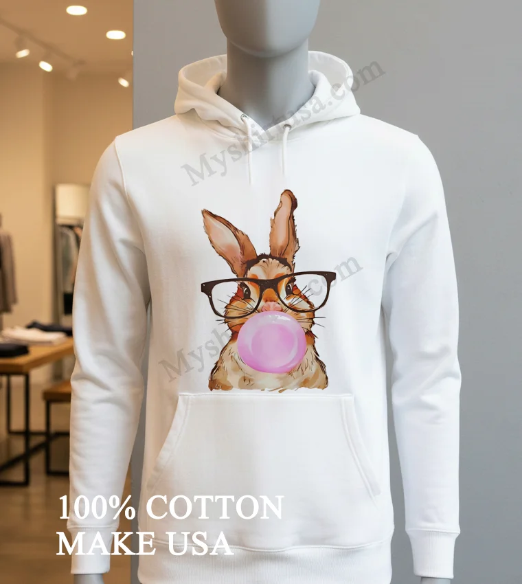 Cute Rabbit Wearing Glasses Blowing Pink Bubble Gum Shirt Hoodie Shirt