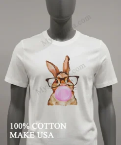 Cute Rabbit Wearing Glasses Blowing Pink Bubble Gum funny america t-shirts
