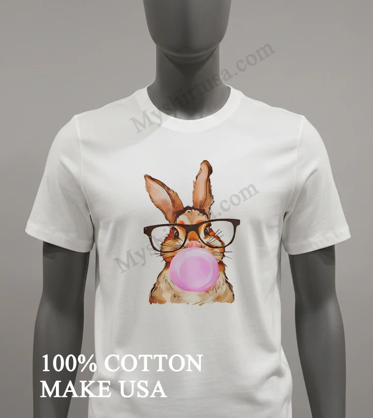 Cute Rabbit Wearing Glasses Blowing Pink Bubble Gum funny america t-shirts - white-t-shirt Cute Rabbit Wearing Glasses Blowing Pink Bubble Gum Shirt White T Shirt 1