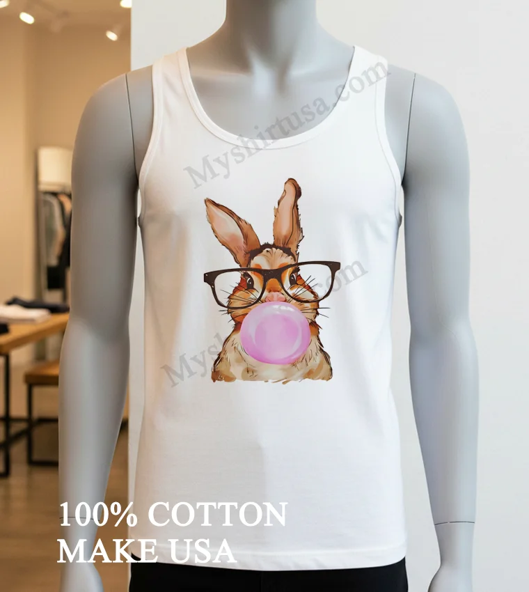 Cute Rabbit Wearing Glasses Blowing Pink Bubble Gum Shirt White T Shirt 2