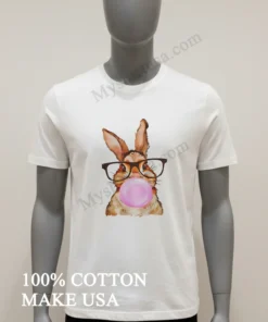 Cute Rabbit Wearing Glasses Blowing Pink Bubble Gum funny america t-shirts