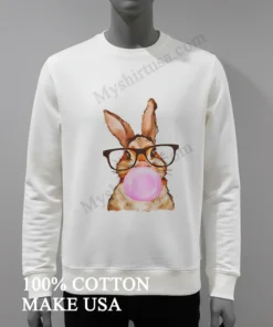 Cute Rabbit Wearing Glasses Blowing Pink Bubble Gum funny america t-shirts