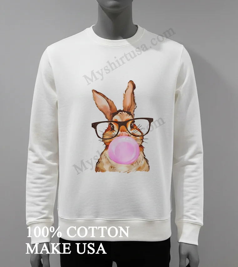 Cute Rabbit Wearing Glasses Blowing Pink Bubble Gum Shirt White T Shirt 3
