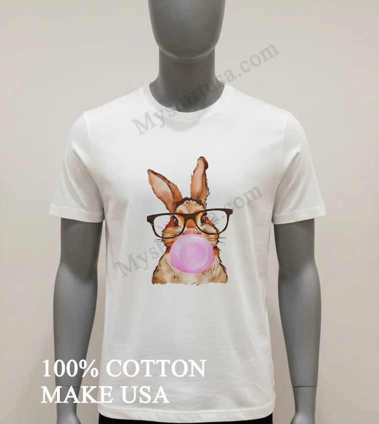 Cute Rabbit Wearing Glasses Blowing Pink Bubble Gum funny america t-shirts - white-t-shirt Cute Rabbit Wearing Glasses Blowing Pink Bubble Gum Shirt White T Shirt