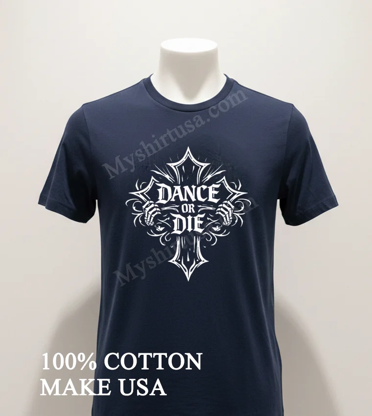 Dance Or Die White Gothic Cross Skeleton Hands Shirt Navy Shirt 1