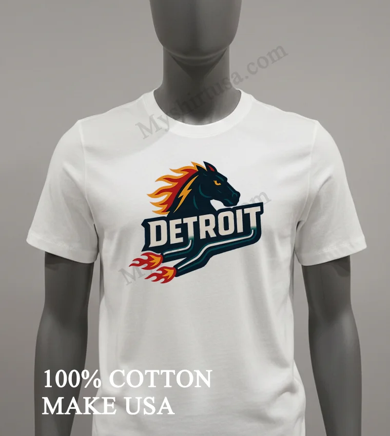 Detroit Flaming Horse Head Racing Shirt White T Shirt 2