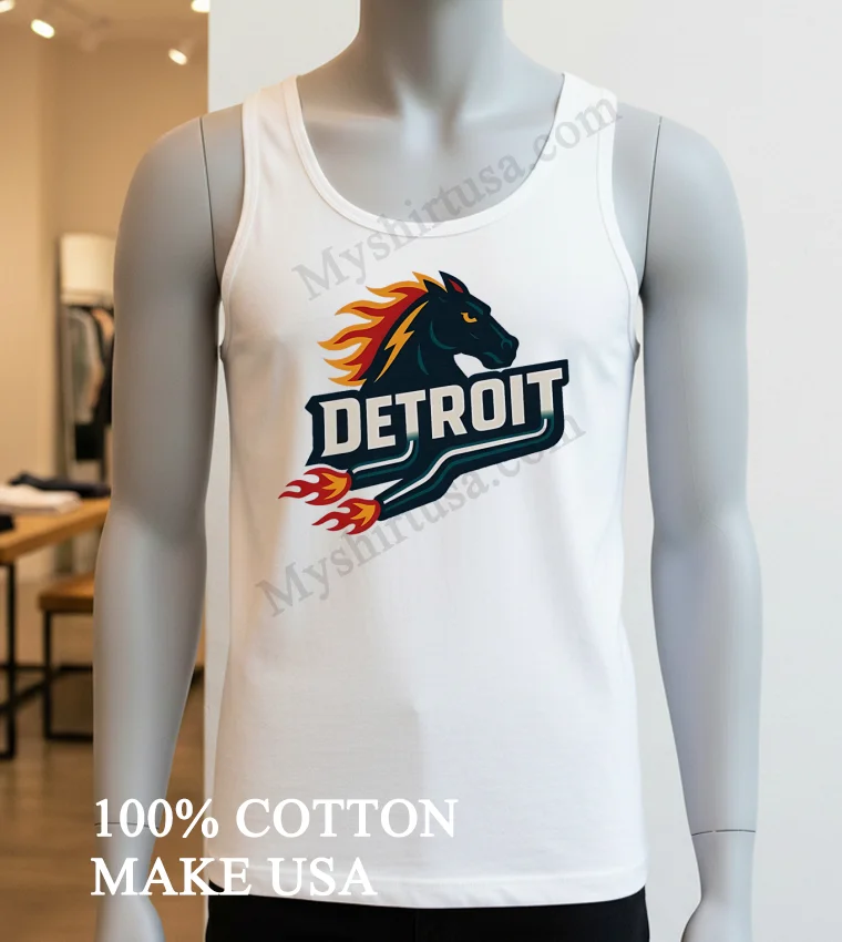 Detroit Flaming Horse Head Racing Shirt White T Shirt 3