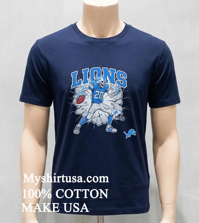 Detroit Lions Mens Football Skeleton Player Burning Shirt Navy Shirt